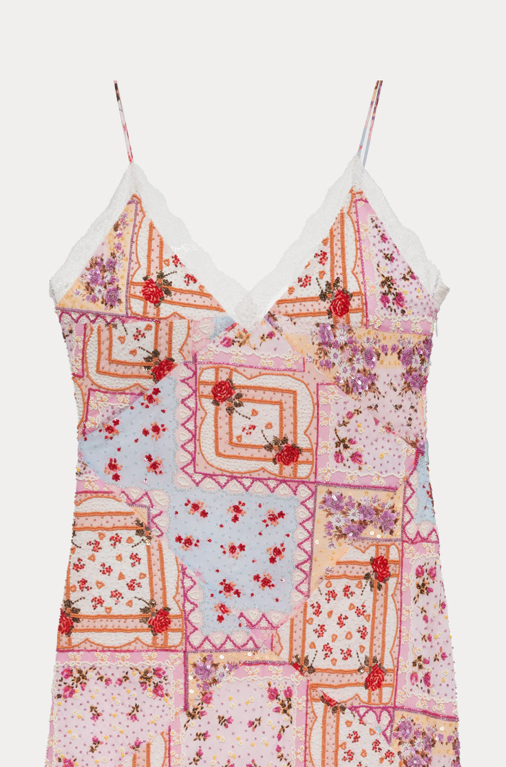 beaded handkerchief dress Y2K beaded silk bias cut dress with handkerchief hem, $75 fits medium (bust 36-38, waist 28-32, hips 41, length 48). Clipped in photo. (SOLD)